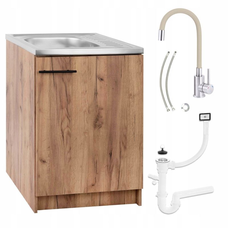 Szafka Kuchenna Dąb Złoty 60x50 Zlew Bateria Deante Beżowa Elastyczna Syfon