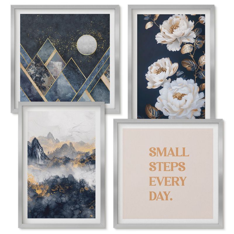 Set Obrazów w Ramie Wallfluent Abstrakcyjne góry kwiaty inspiracja Srebrna rama 4 szt.