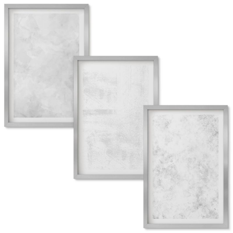 Set Obrazów w Ramie Wallfluent Białe plamy minimalistyczne tło Srebrna rama 40x60 cm 3 szt.