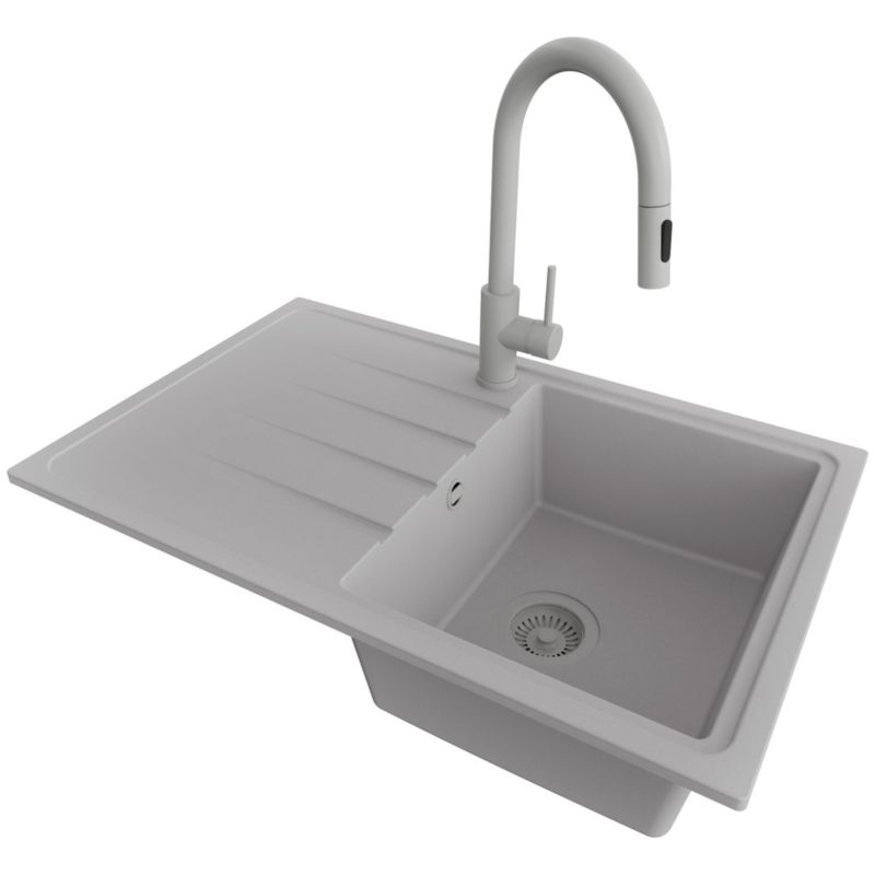 Zlewozmywak Granitowy Mediolan PRIMAGRAN Nablatowy 78x50cm do Szafki od 45cm, Cały Szary + Bateria 40x20cm + Syfon, S082, 1 szt.
