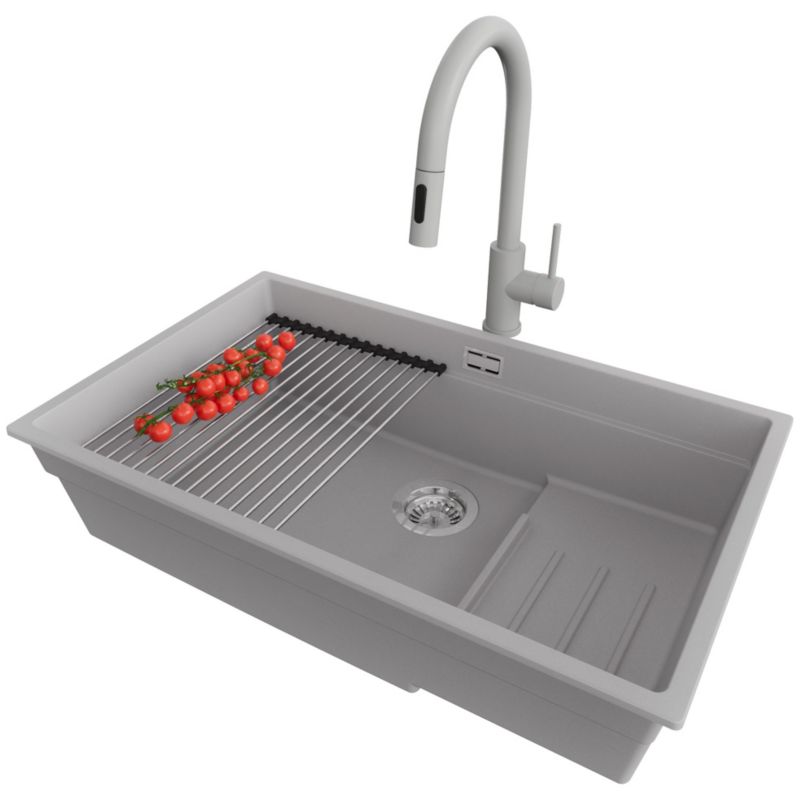 Zlewozmywak Granitowy Praga Step Level Slim PRIMAGRAN Nablatowy 76x47cm, Szary + Bateria + Syfon + Akcesorium, S613, 1 szt.