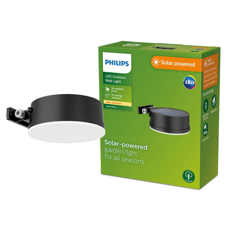 Kinkiet Ogrodowy Vynce Philips Lampa Solarna Elewacyjna Zewnętrzna LED 1.5W 200lm 2700K Czarna 1 szt.