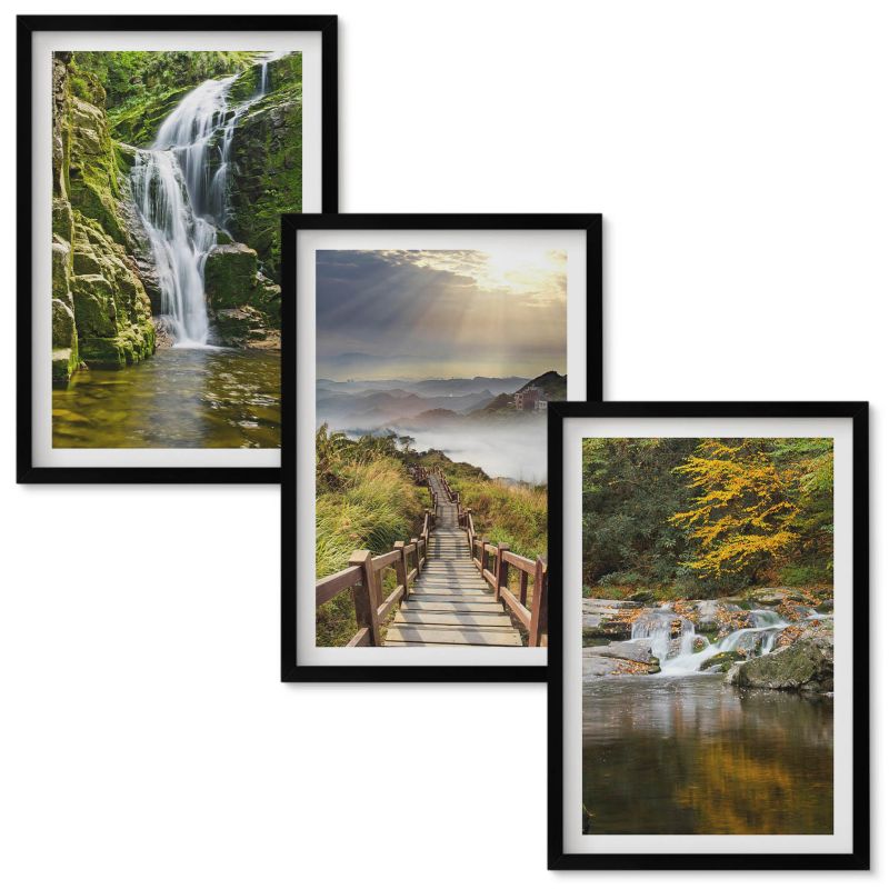 Set Obrazów w Ramie Wallfluent Wodospady góry chmury jesień Czarna rama 40x60 cm 3 szt.