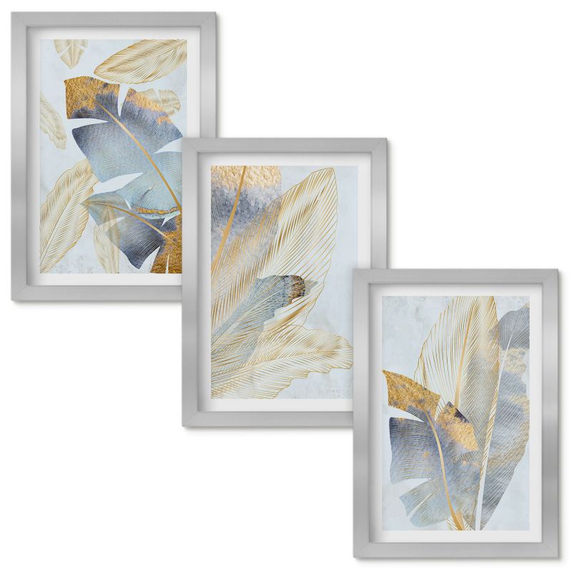 Zestaw obrazów Wallfluent Liście niebiesko-beżowe jasno Srebrna rama 20x30cm 3 szt.