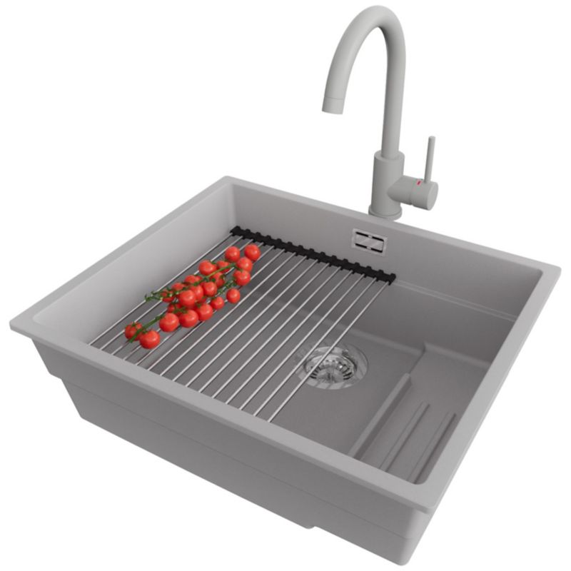 Zlewozmywak Granitowy Praga Step PRIMAGRAN Nablatowy 56x47cm, Szary + Bateria + Syfon + Akcesorium, S360, 1 szt.