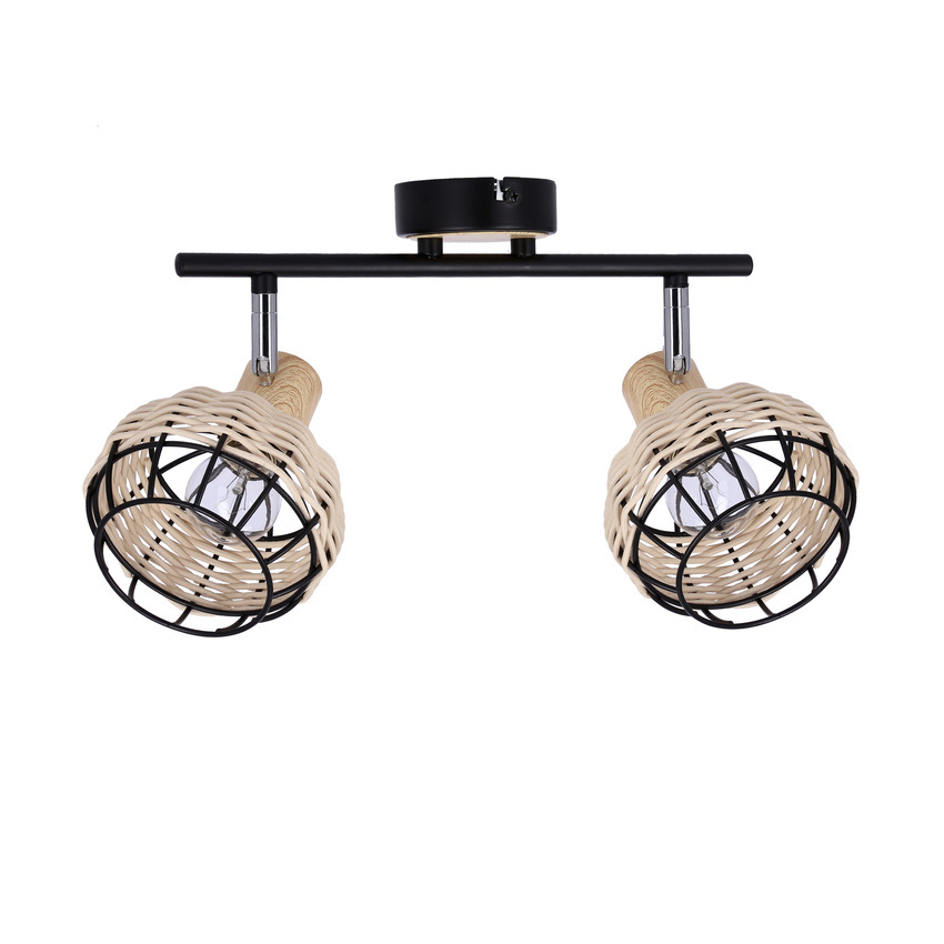Czarna drewniana lampa sufitowa listwa 2-punktowa do salonu TAJGA metal rattan