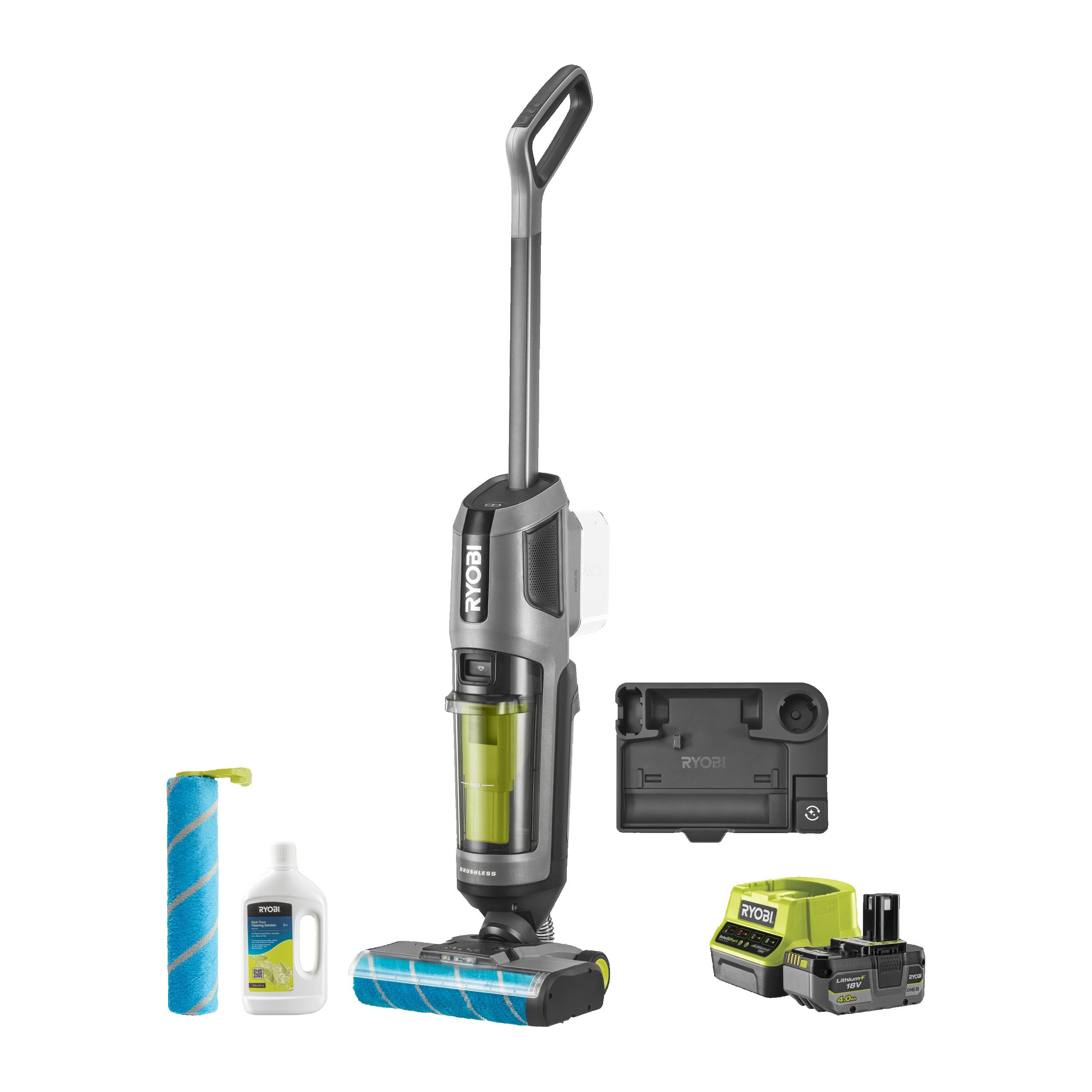 Odkurzacz z technologią aktywnego mycia 3w1 18V ONE+ w zestawie z akumulatorem 4.0 Ah, ładowarką, detergentem i zapasową rolką z mikrofibry oraz fi...