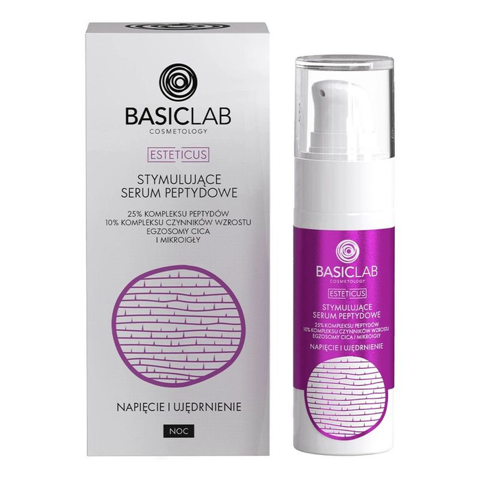 BasicLab Stymulujące Serum peptydowe 25 % peptydów, 10% kompleksu czynników wzrostu,egzosomy cica, mikroigły, Napięcie i Ujędrnienie, 30 ml