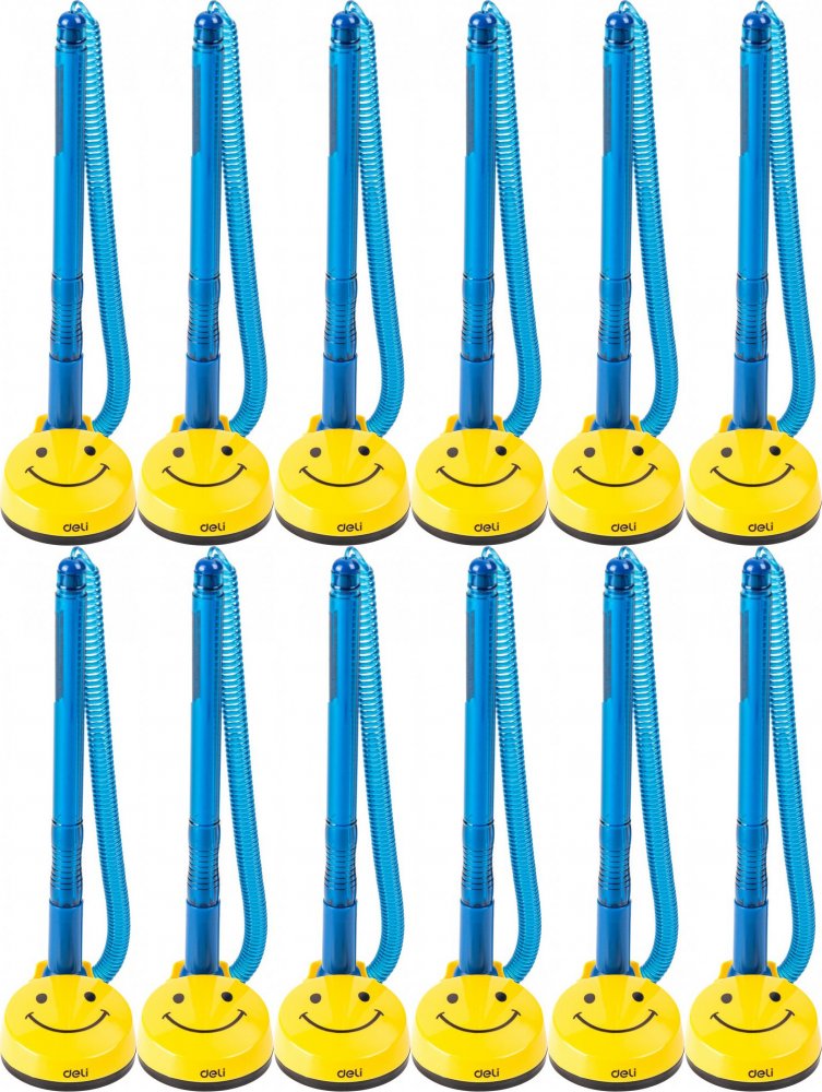 12x Pióro kulkowe Deli Smile, na sprężynce, stojące, 0.7mm, niebieski