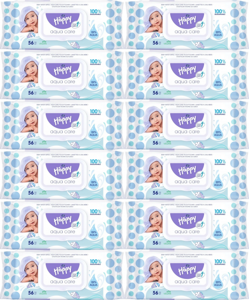 12x Chusteczki nawilżane Bella Happy Aqua Care, 56 sztuk