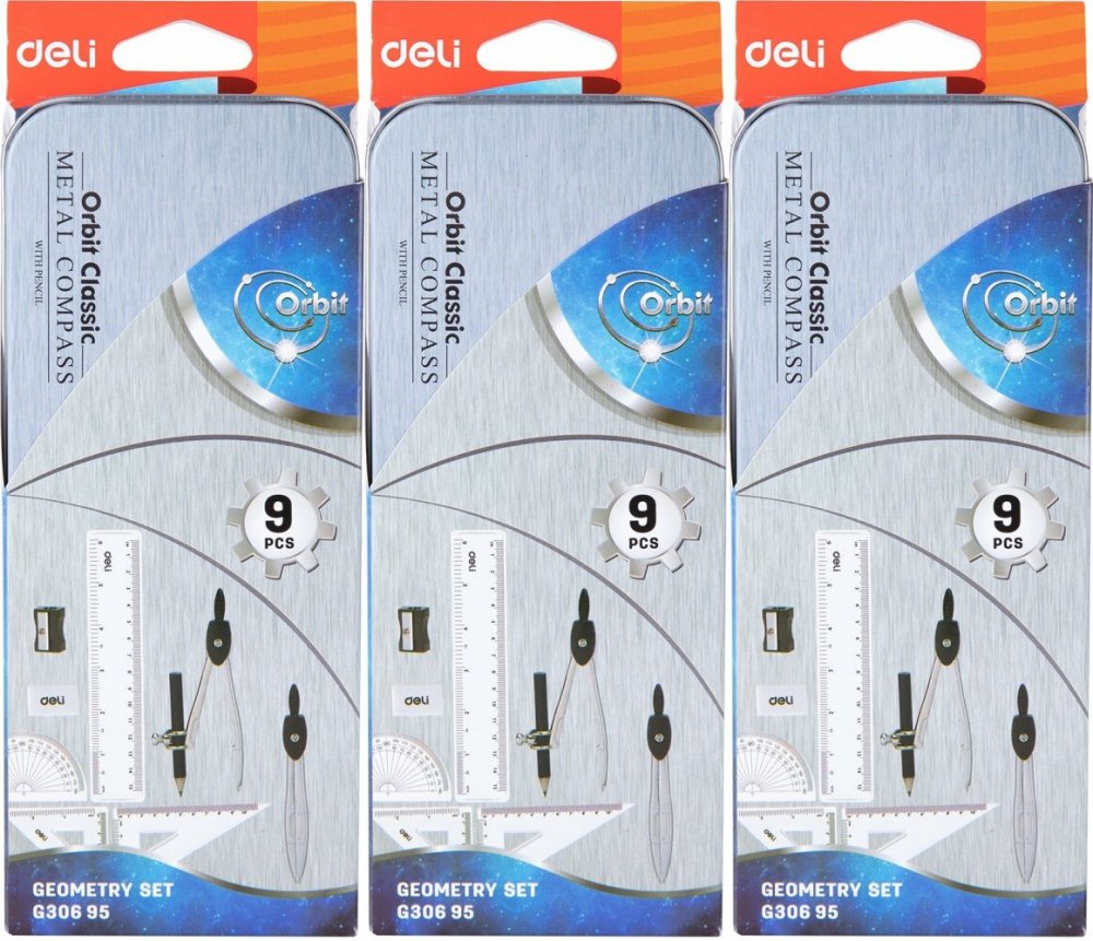 3x Zestaw geometryczny Deli Orbit, 9 elementów, w metalowym etui