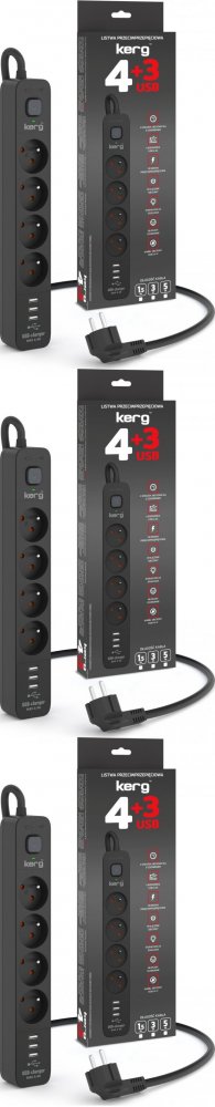 3x Listwa przeciwprzepięciowa Kerg, 3m, 4 gniazda + ładowarka 3xUSB-A, czarny
