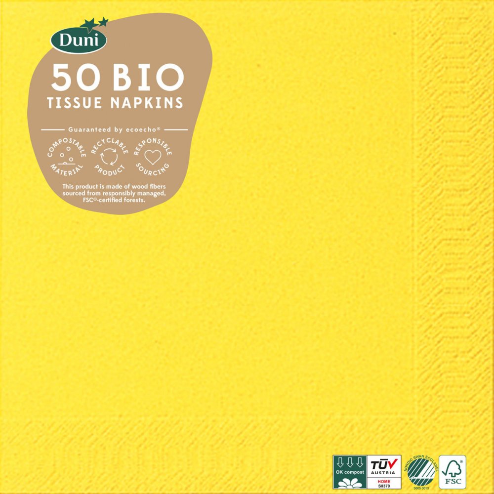 Serwetki Duni Tissue BIO, 33x33cm, 3-warstwowe, 50 sztuk, żółty