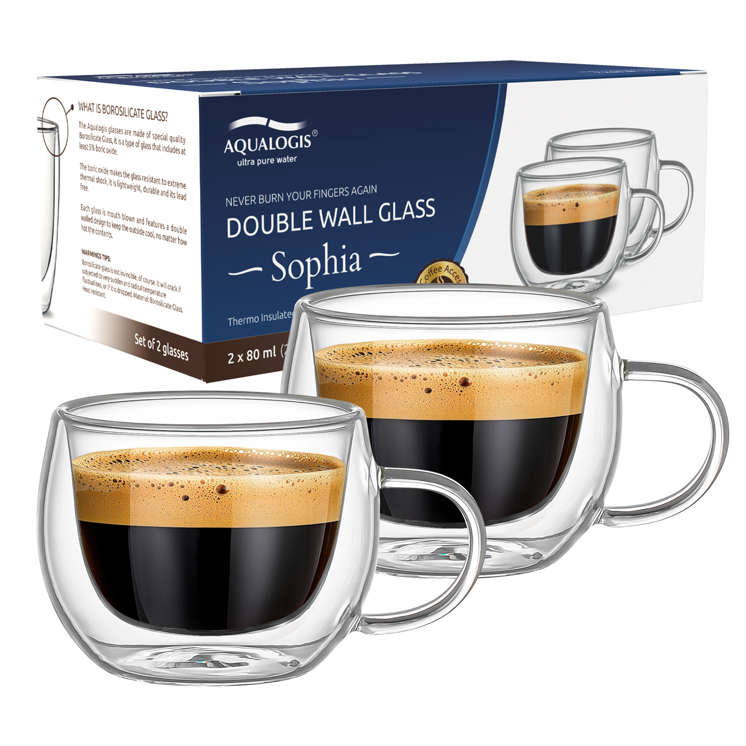 Szklanki termiczne z podwójną ścianką Aqualogis Sophia 80ml z uchem
