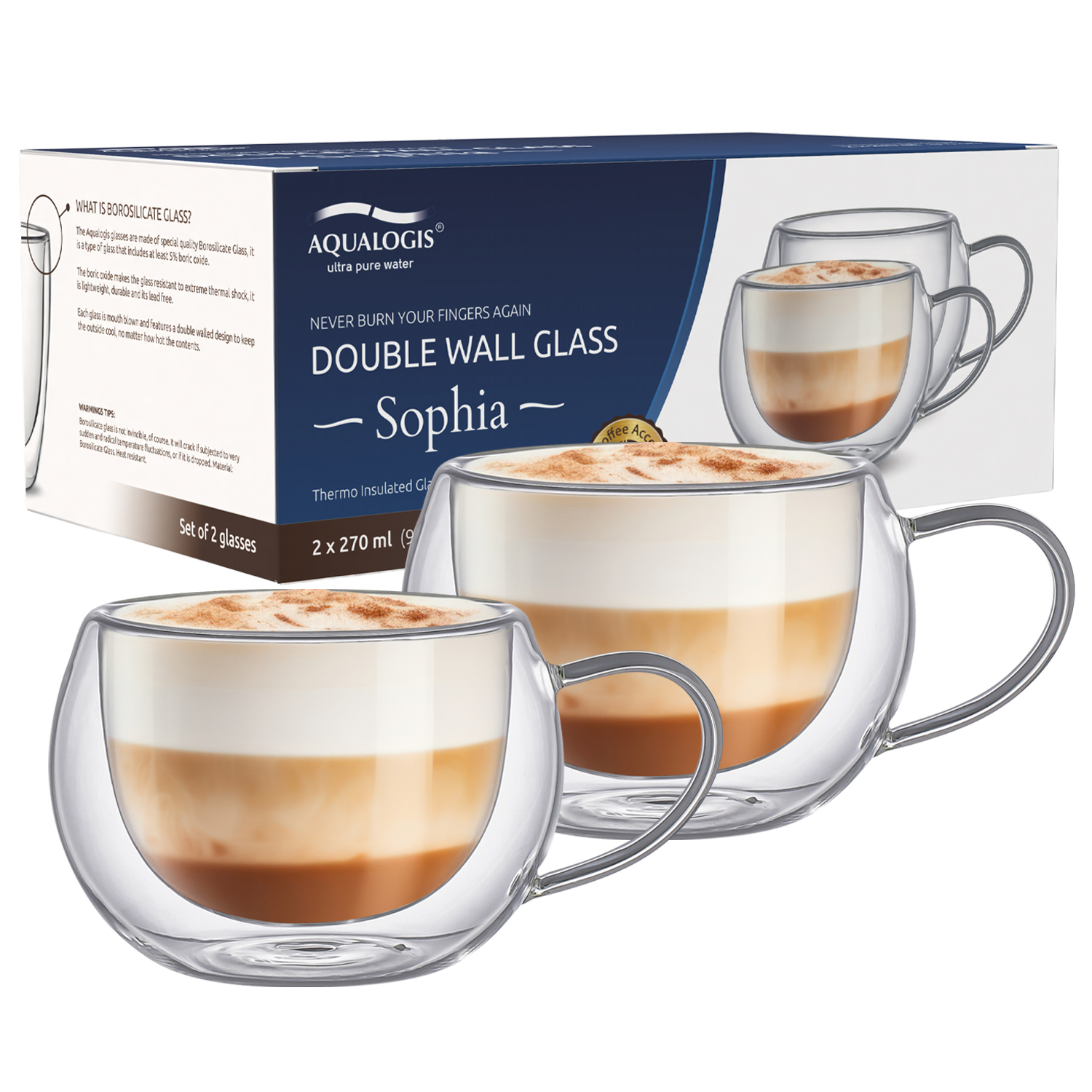 Szklanki termiczne z podwójną ścianką Aqualogis Sophia 270ml z uchem
