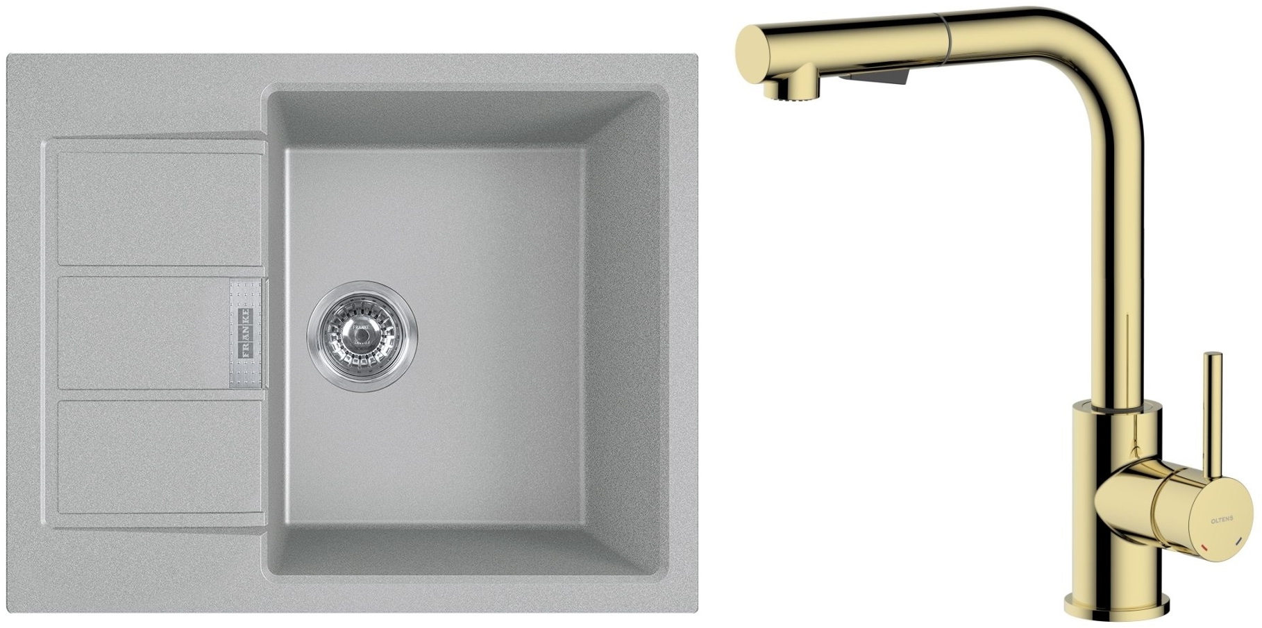 Zestaw Franke Sirius 20 S2D 611-62 zlewozmywak 62x50 cm z baterią kuchenną Oltens Myvat kamienny szary/złoty połysk (1430618668, ... - Wysyłka w 24h