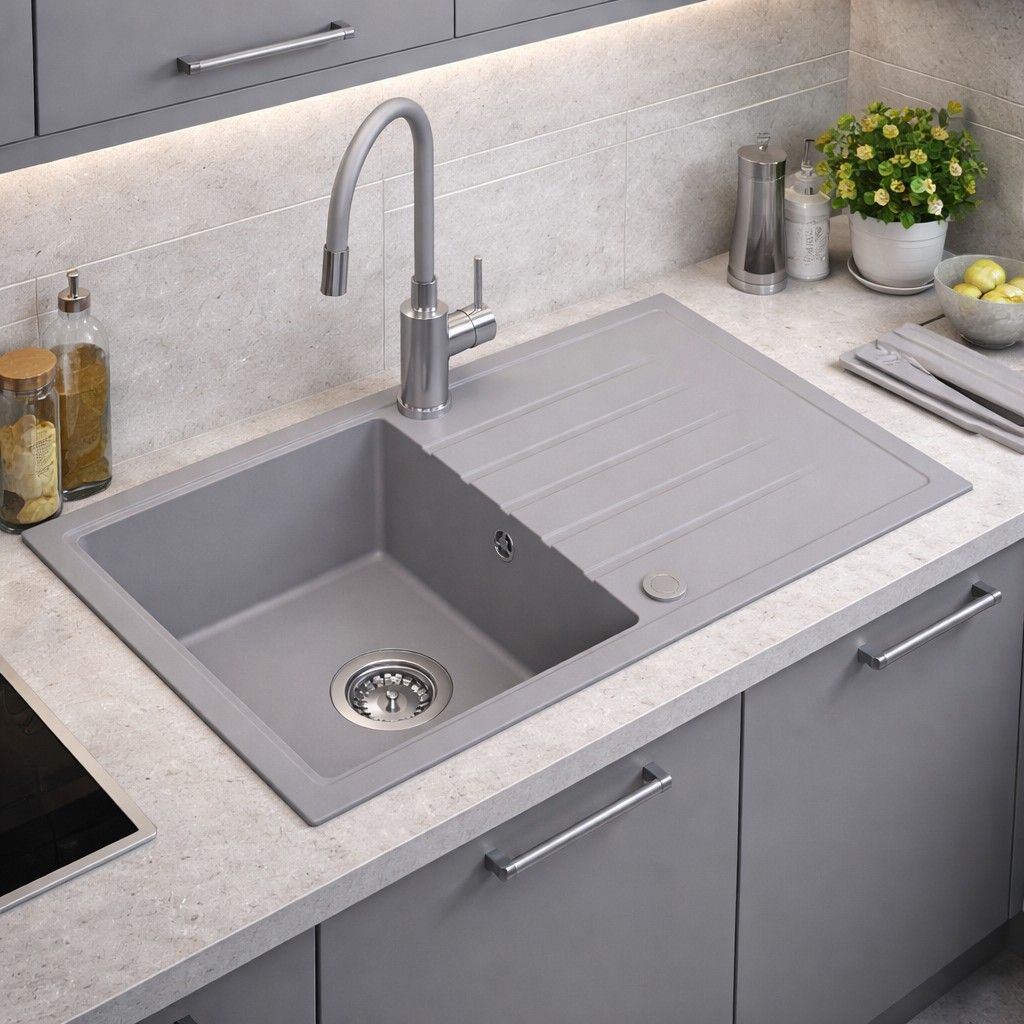 Ruvetti Maxi+ zlewozmywak 79x50 cm z baterią szary/stal LP_3200-MX7950GR_W - Wysyłka w 24h