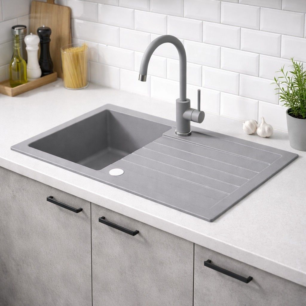 Ruvetti Tito Maxi zlewozmywak 77x44 cm z baterią i akcesoriami szary LP_3200-TM7744GR_W - Wysyłka w 24h
