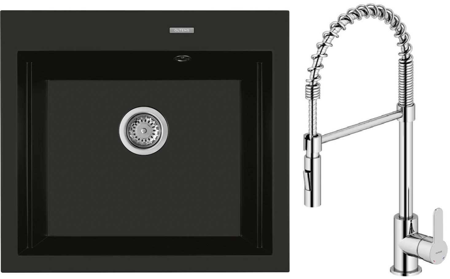 Zestaw Oltens Gravan zlewozmywak granitowy 1-komorowy 57x51,5 cm z baterią kuchenną Duf czarny mat/chrom (72000300, 35203100)
