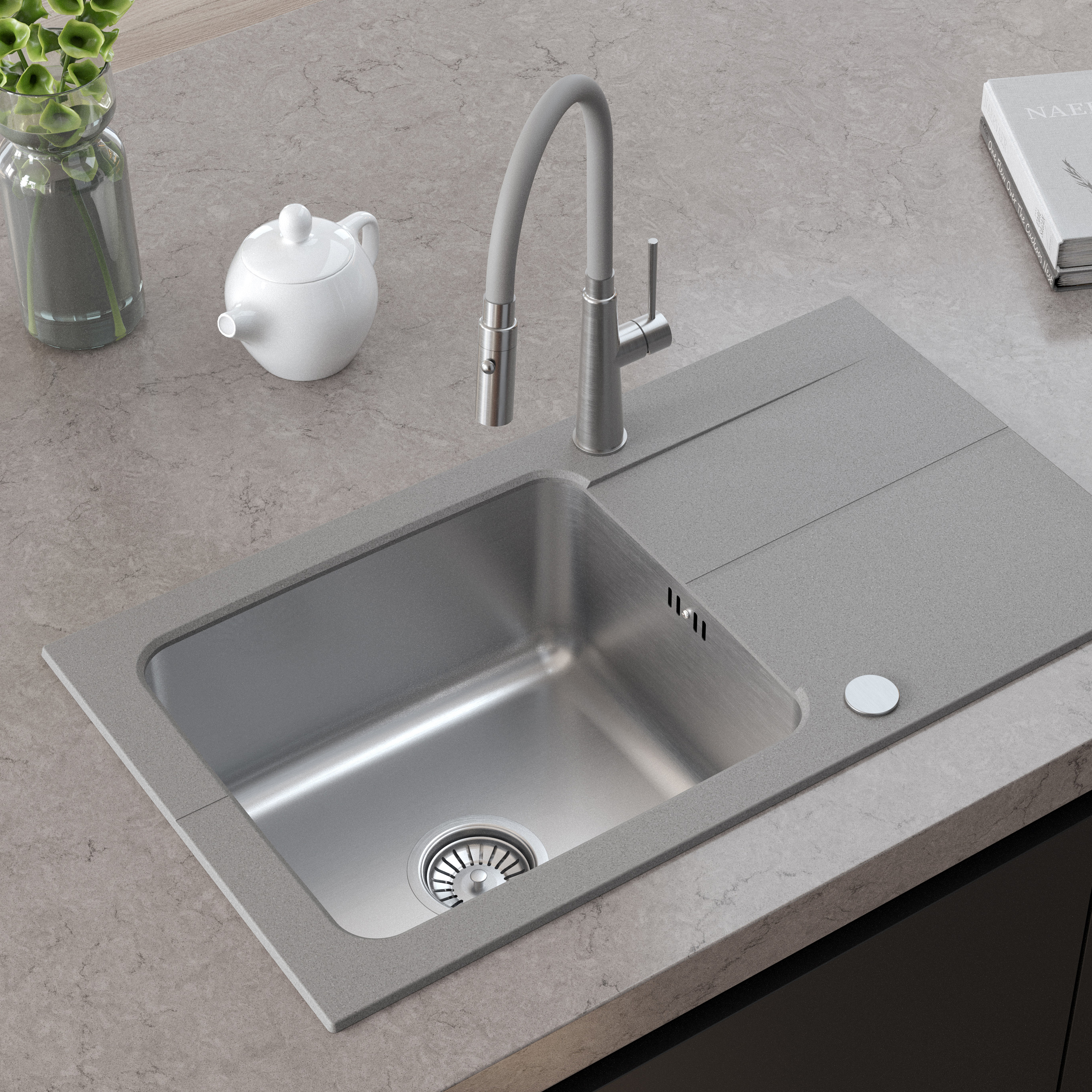 Zestaw Quadron Edward 111 zlewozmywak granitowo-stalowy 78x44 cm z baterią Kate szary/stal FUS_E7844SZ_3623500BS - Wysyłka w 24h
