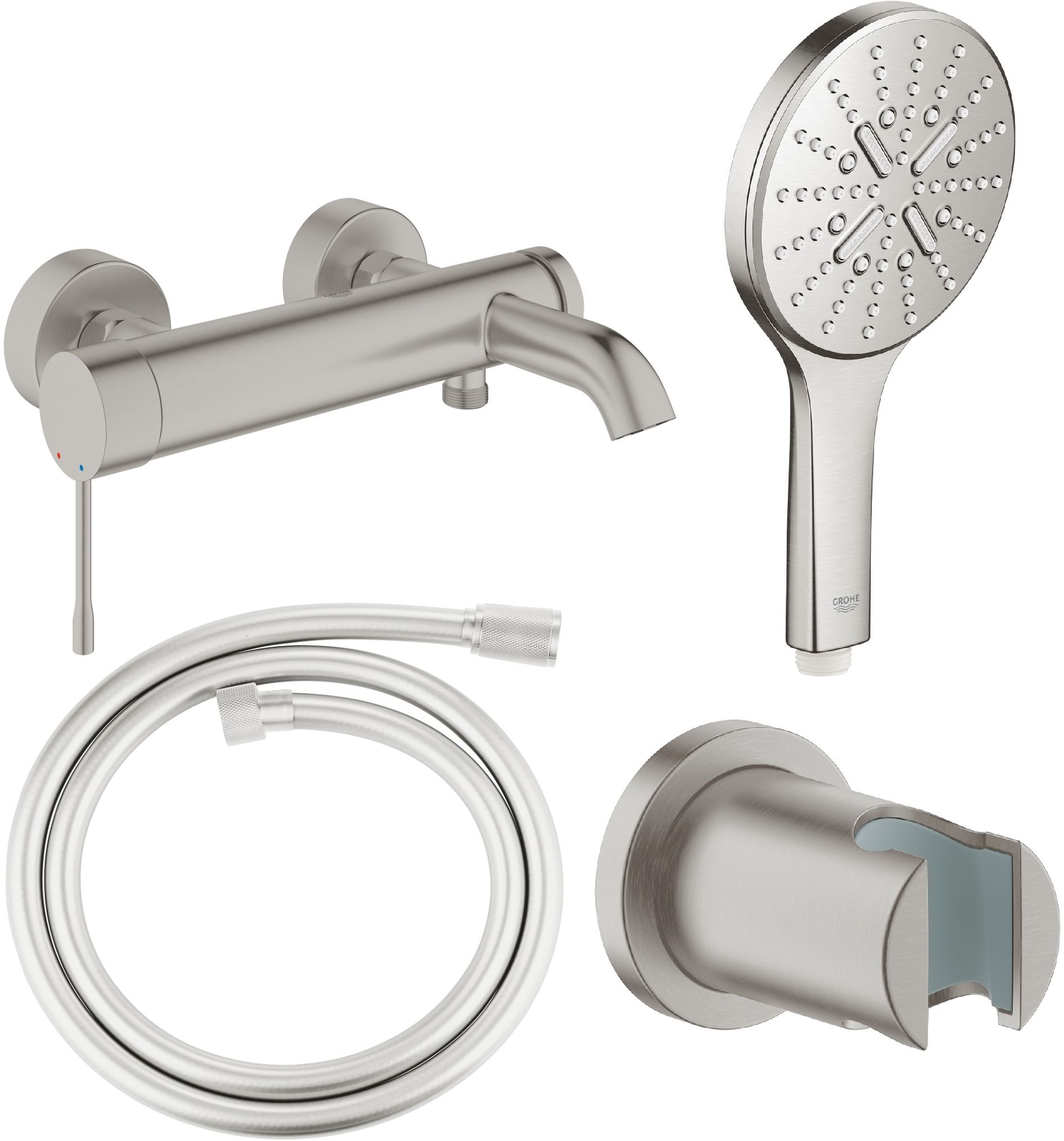 Zestaw Grohe Essence bateria wannowo-prysznicowa ścienna z zestawem prysznicowym stal nierdzewna (33624DC1, 28362DC1, 26574DC0, 27074DC0)