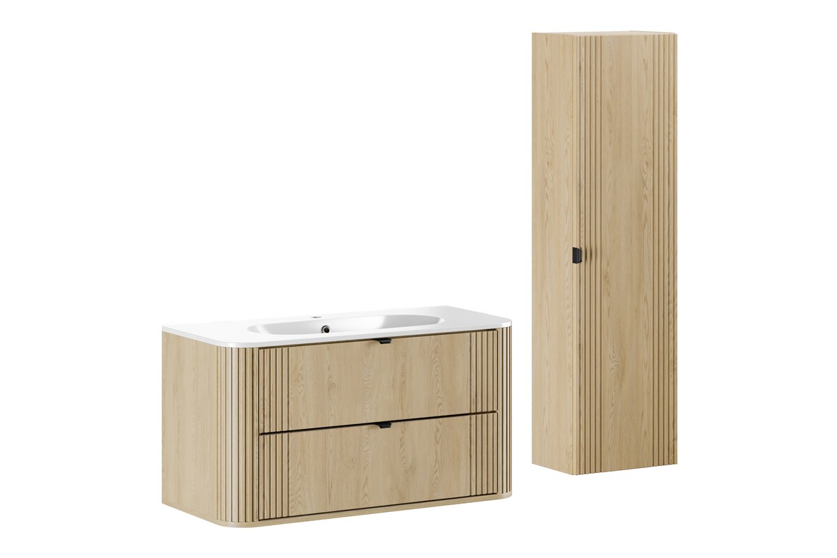 Zestaw Comad Ovalia Cremona umywalka z szafką 100 cm biały/dąb i szafka wysoka 140 cm boczna SET-OVC 100CM UM PURE HC