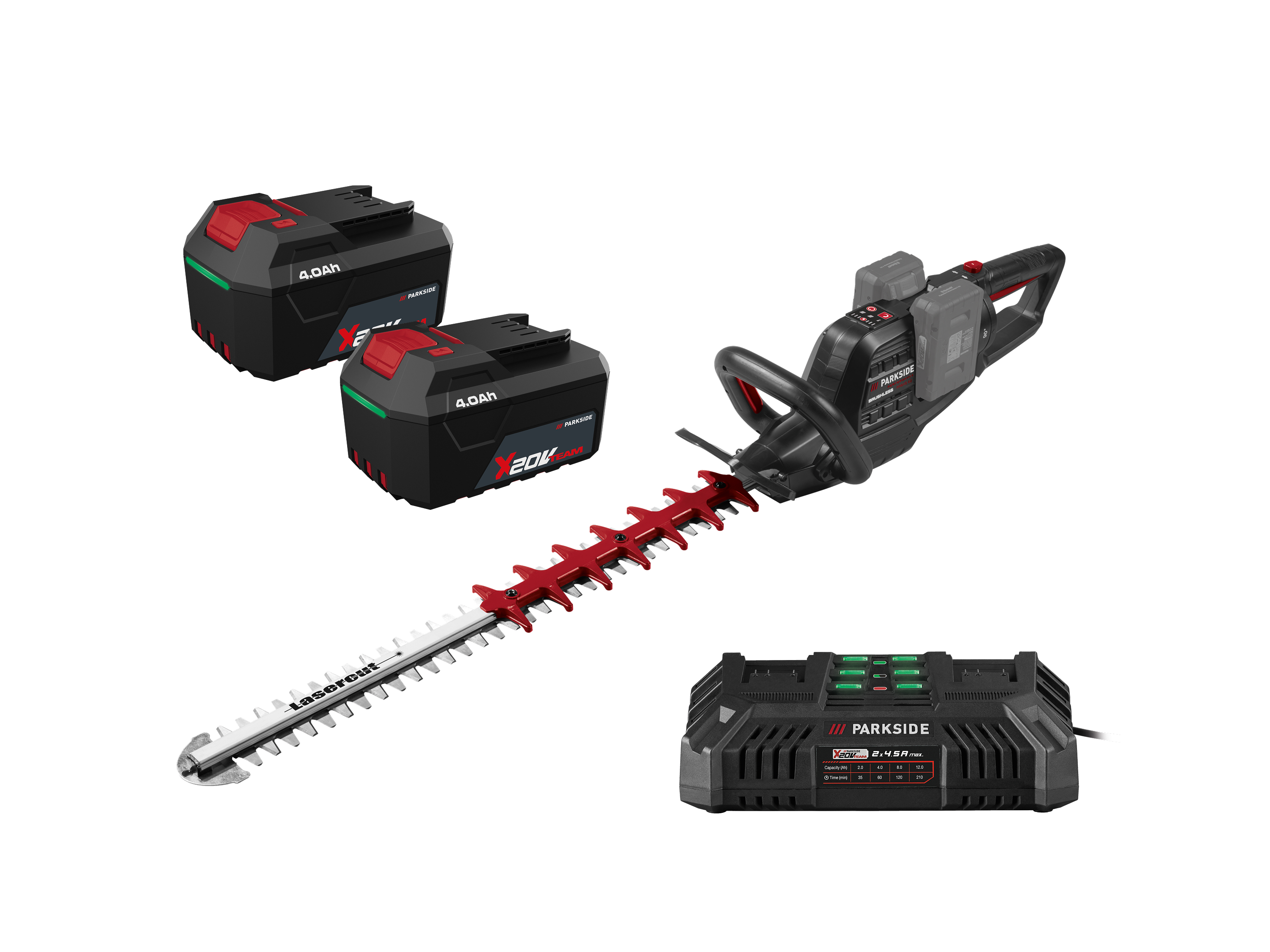 Parkside Performance Zestaw Akumulatorowe nożyce do żywopłotu, 40 V z 2 akumulatorami 20 V, 4 Ah i podwójną ładowarką, 2 x 4,5 A