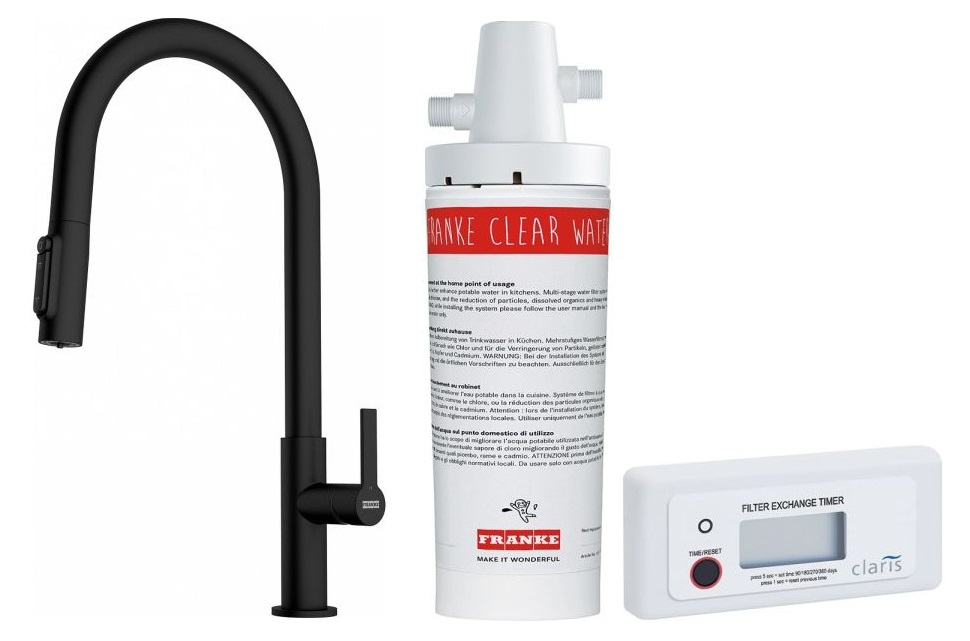 Darmowa Dostawa - Bateria kuchenna z filtrem stojąca czarna Franke Maris Slim Clear Water J Pull-Out abset12238