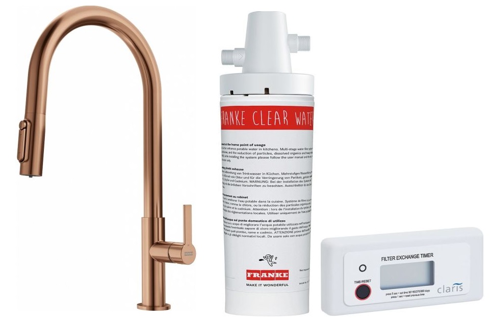 Darmowa Dostawa - Bateria kuchenna z filtrem stojąca miedź Franke Maris Slim Clear Water J Pull-Out abset12234