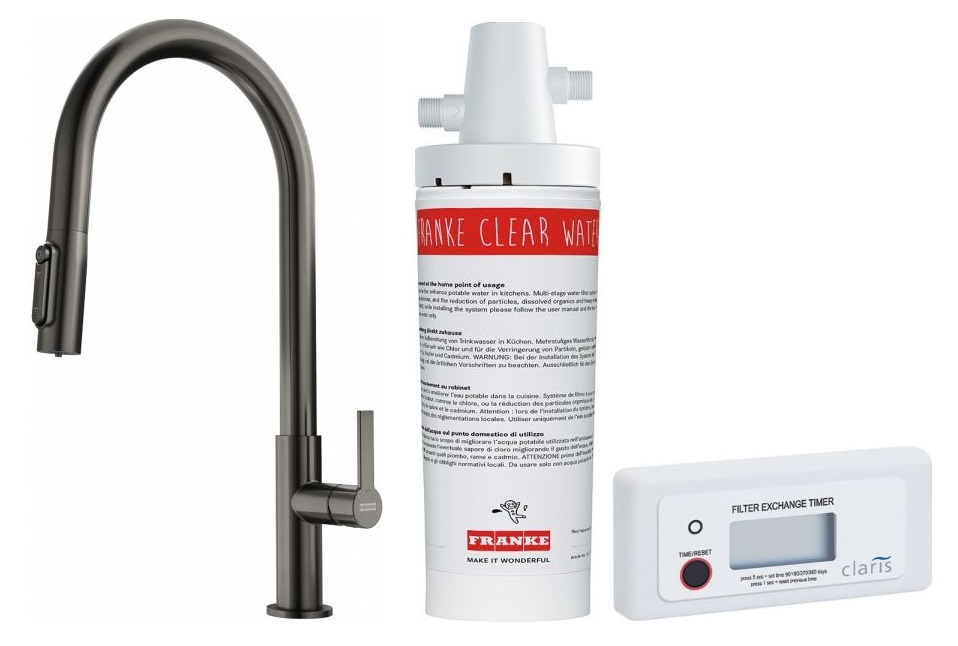 Darmowa Dostawa - Bateria kuchenna z filtrem stojąca antracyt Franke Maris Slim Clear Water J Pull-Out abset12236