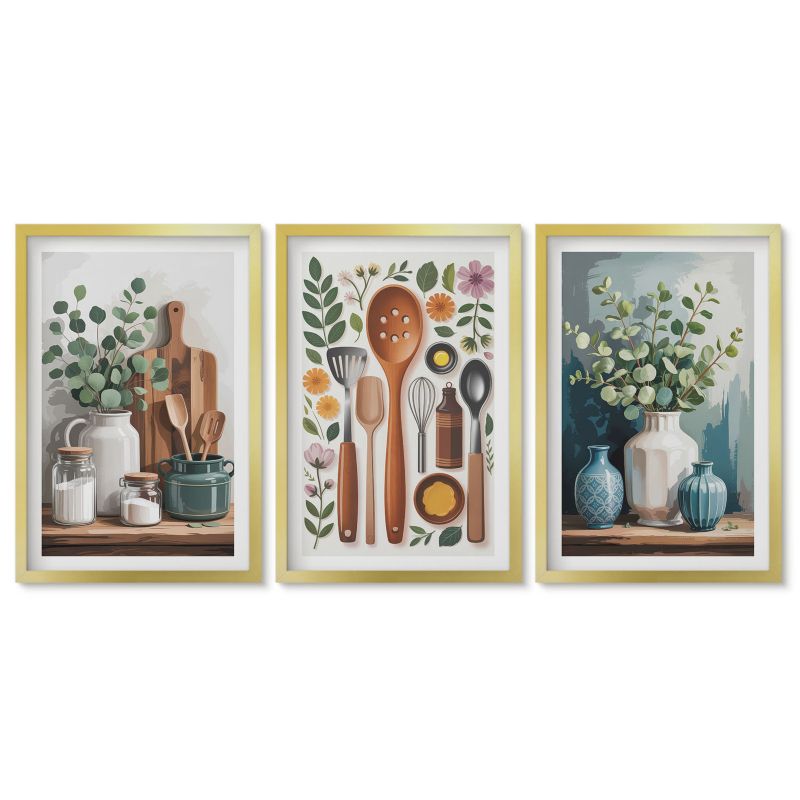 Zestaw 3 obrazów w złotych ramach Tulup 40x60 cm Kuchenne roślinne akcesoria Stylowa galeria nad biurko 1 kpl