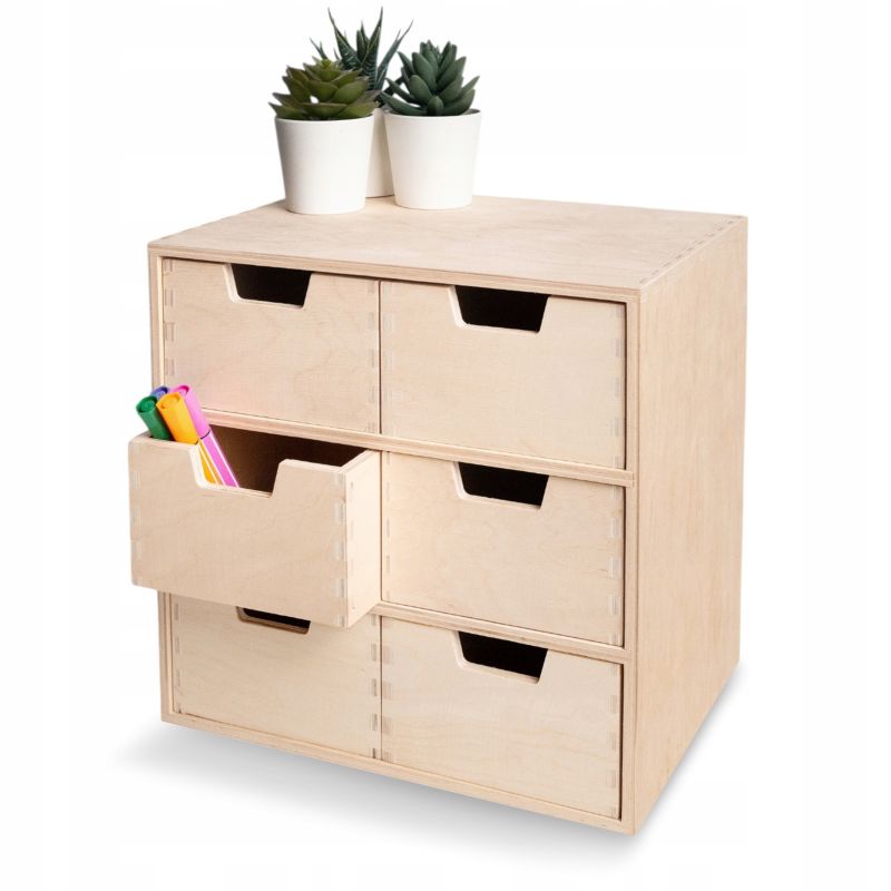 Organizer na Biurko Creative Deco Drewniana Mini Komoda 6 Szufladek 28,5 x 20 x 28,5 cm Szafeczka na Drobiazgi 1 szt.