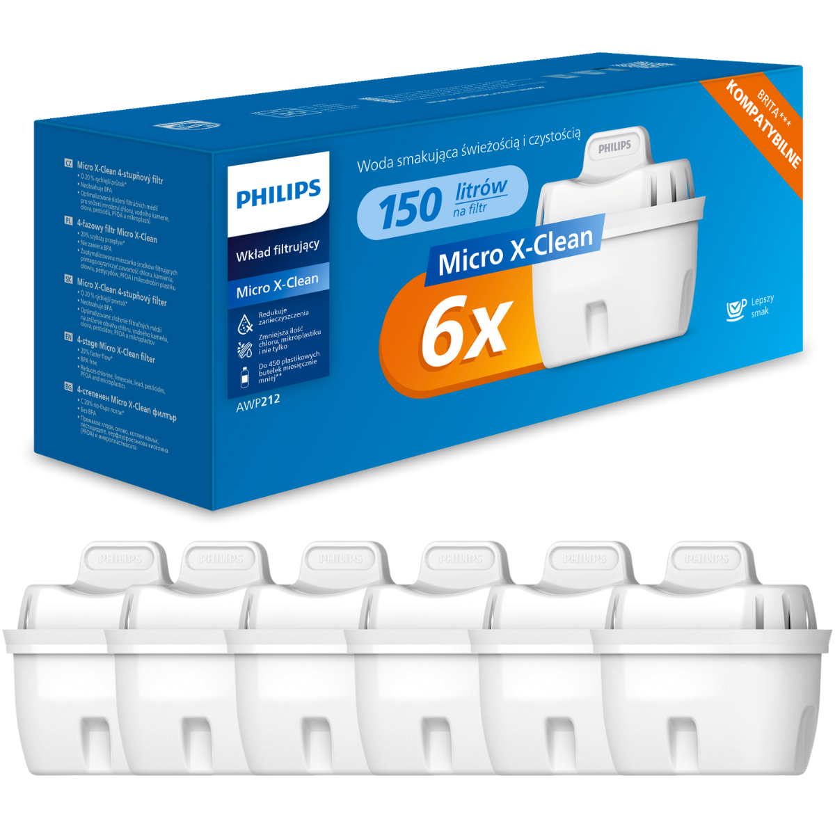 Wkłady filtrujące Philips AWP212 do dzbanków. Zestaw promocyjny 6 sztuk wkładów Philips. Wkład do dzbanka Philips.