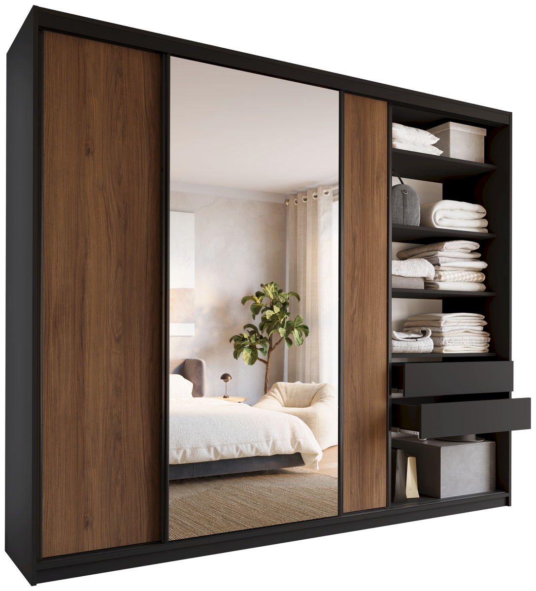 Duża szafa przesuwna z lustrem 280 cm do sypialni LOFT MAX orzech