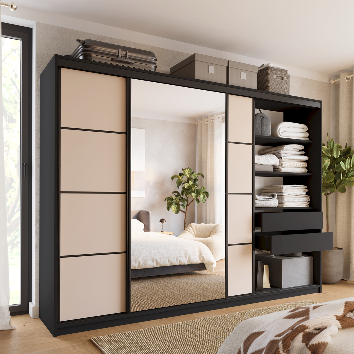 Duża szafa przesuwna z lustrem do sypialni 280 cm beż piaskowy LOFT