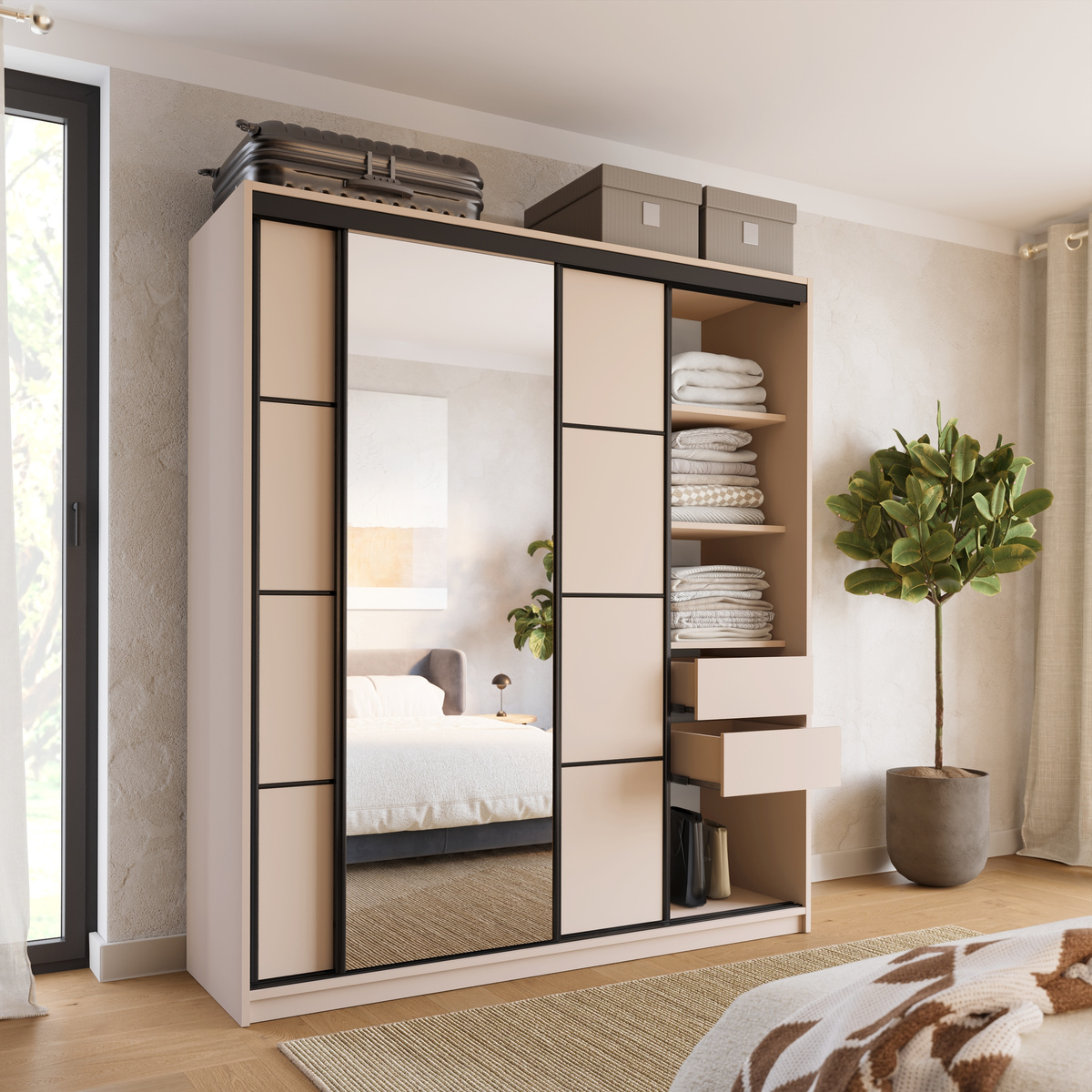 Szafa przesuwna z lustrem do sypialni 180 cm LOFT beż piaskowy