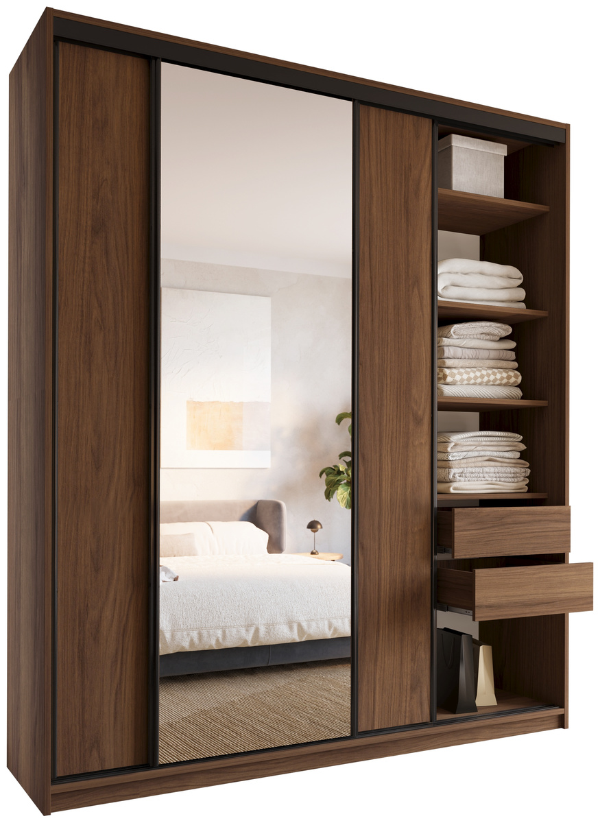 Wysoka szafa przesuwna z lustrem 200 cm do sypialni LOFT MAX orzech