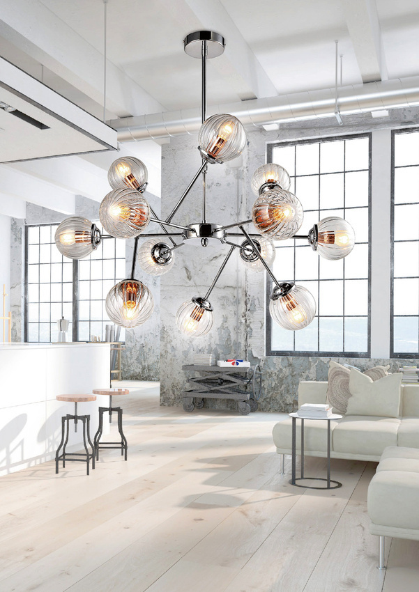 Srebrna lampa wisząca sufitowa do salonu BEST metal i szkło