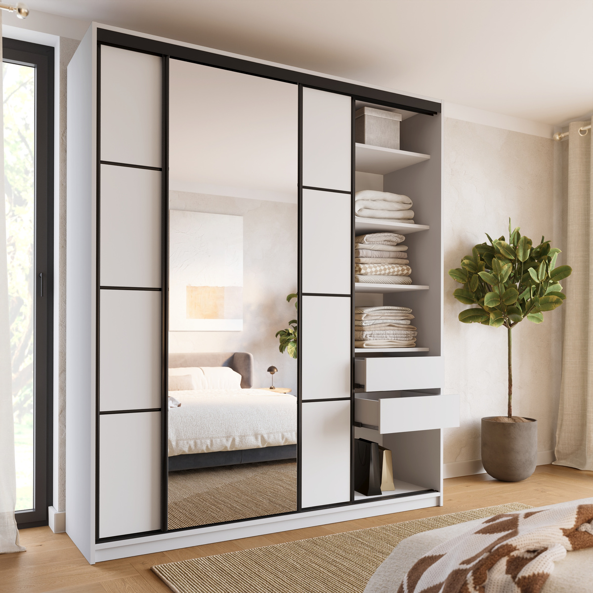 Biała szafa przesuwna z lustrem do sypialni 200 cm LOFT MAX