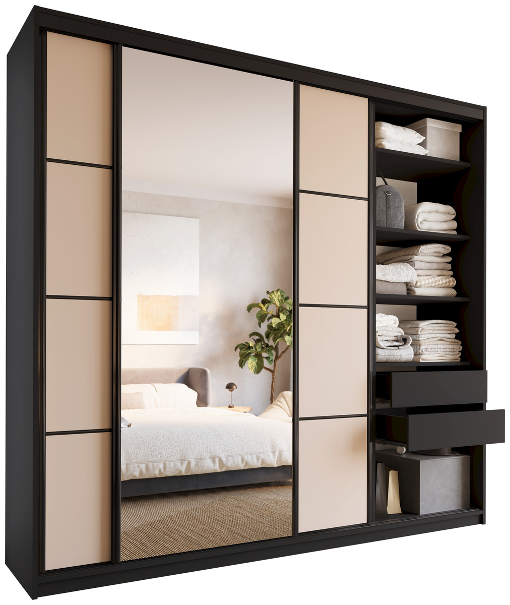 Beżowa szafa przesuwna z lustrem 250 cm do sypialni LOFT MAX