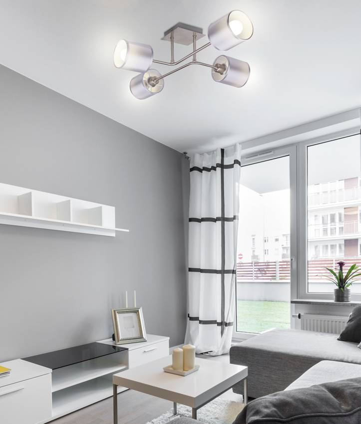 Srebrna lampa sufitowa 4-punktowa do salonu SAX tkaninowy abażur