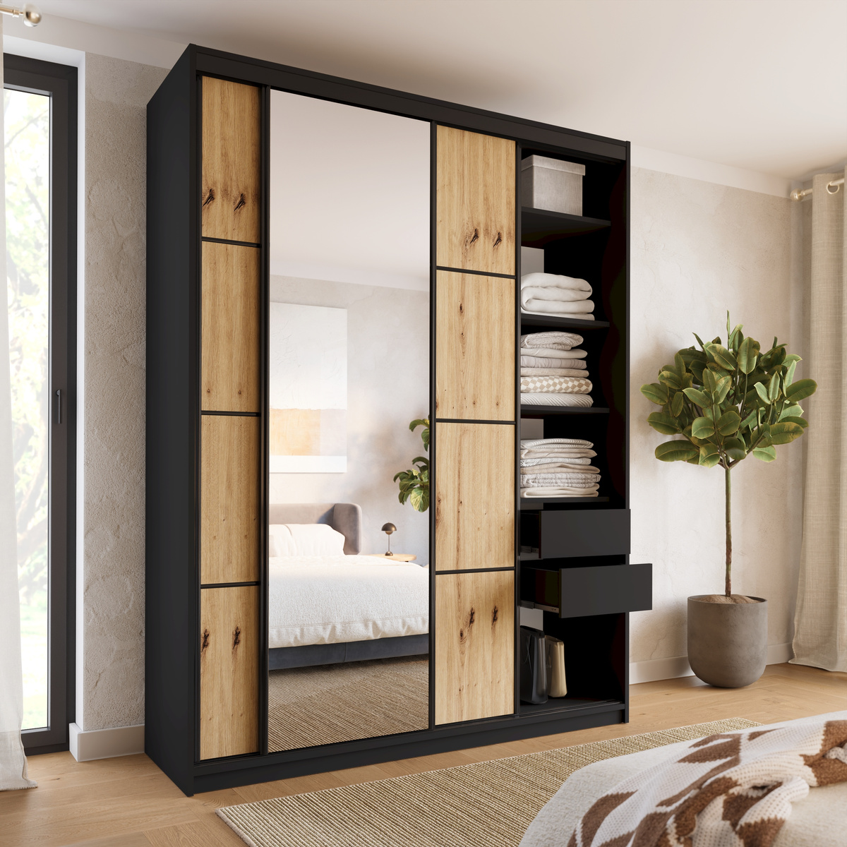 Szafa przesuwna z lustrem do sypialni 180 cm LOFT MAX dąb artisan