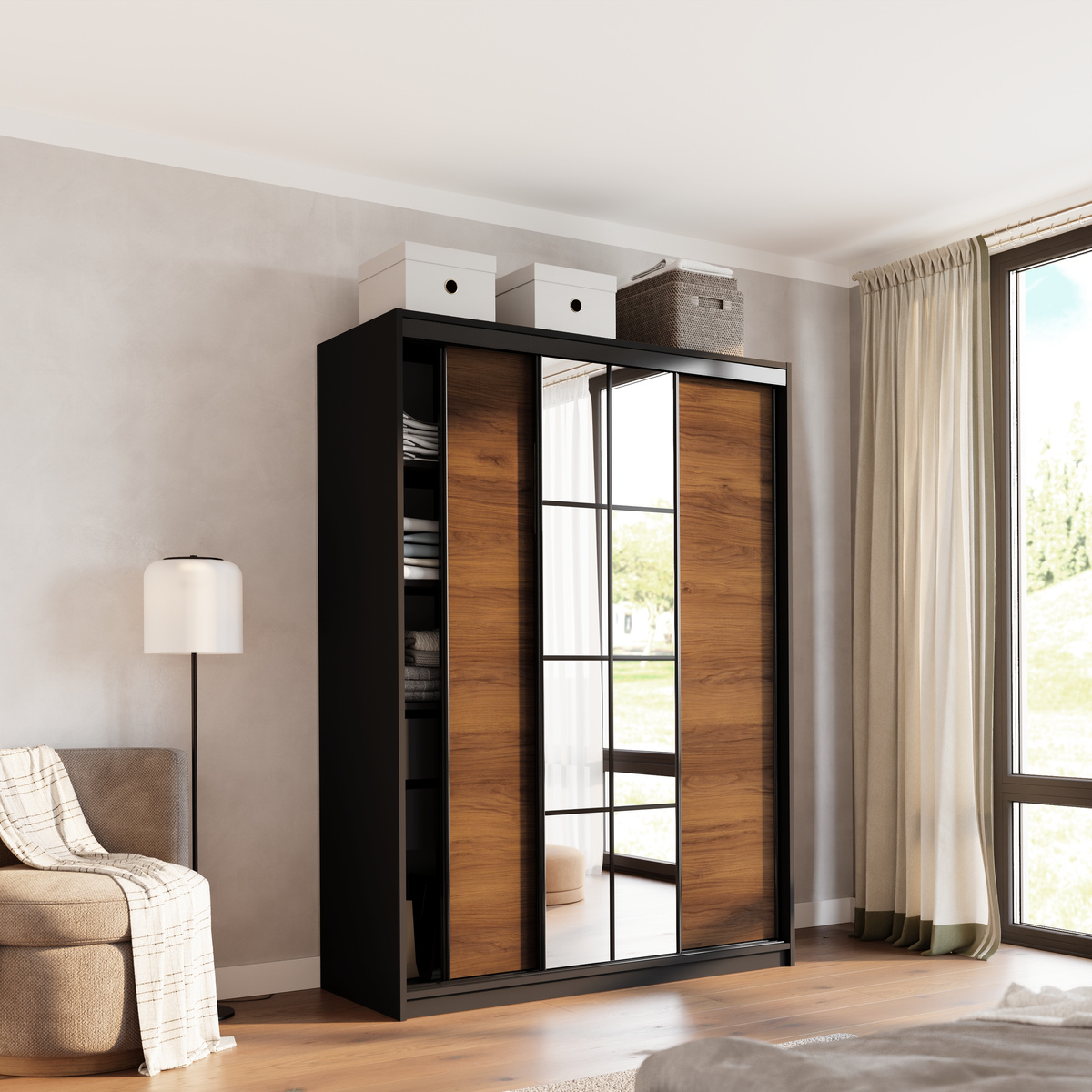 Szafa przesuwna z lustrem 150 cm do sypialni EDGE orzech