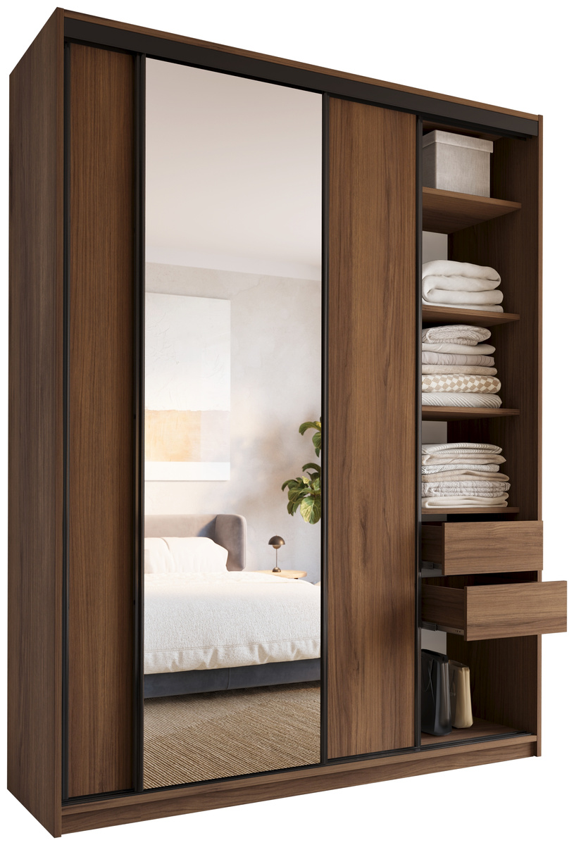 Wysoka szafa przesuwna z lustrem 180 cm do sypialni LOFT MAX orzech