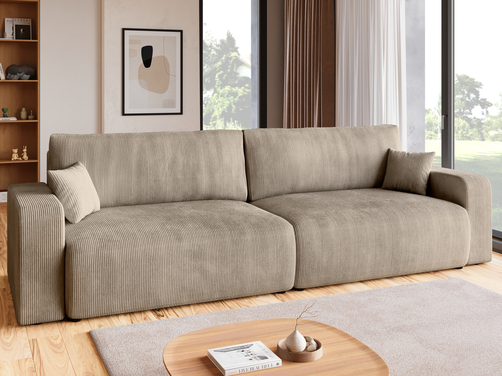 Sztruksowa beżowa sofa z funkcją spania do salonu PUMI