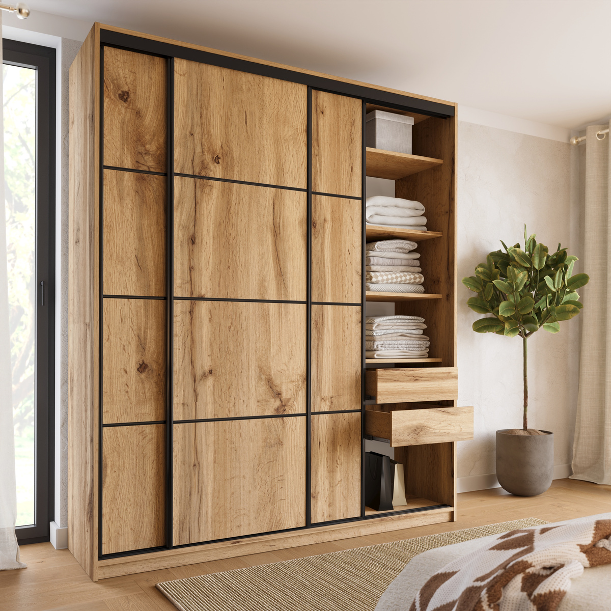 Szafa przesuwna z półkami 200 cm LOFT MAX dąb wotan