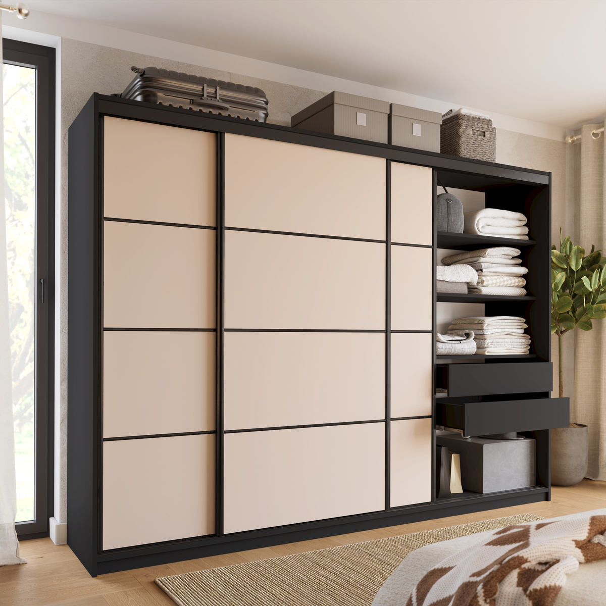 Duża szafa przesuwna do sypialni 280 cm beż piaskowy LOFT