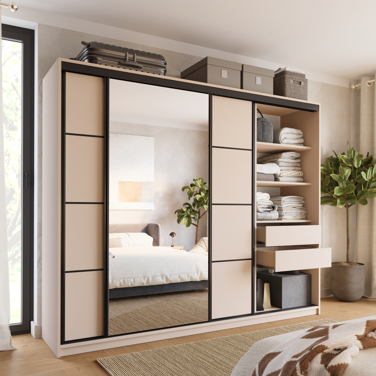 Duża szafa przesuwna z lustrem do sypialni 250 cm LOFT beż piaskowy