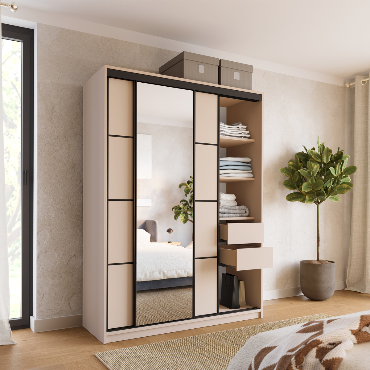 Szafa przesuwna z lustrem do sypialni 150 cm LOFT beż piaskowy