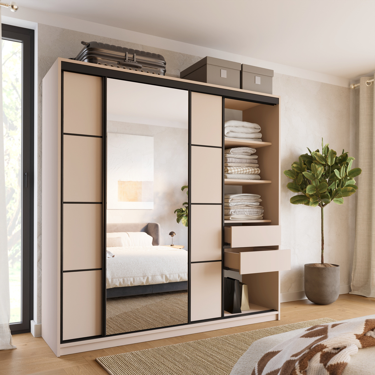 Duża szafa przesuwna z lustrem do sypialni 200 cm LOFT beż piaskowy